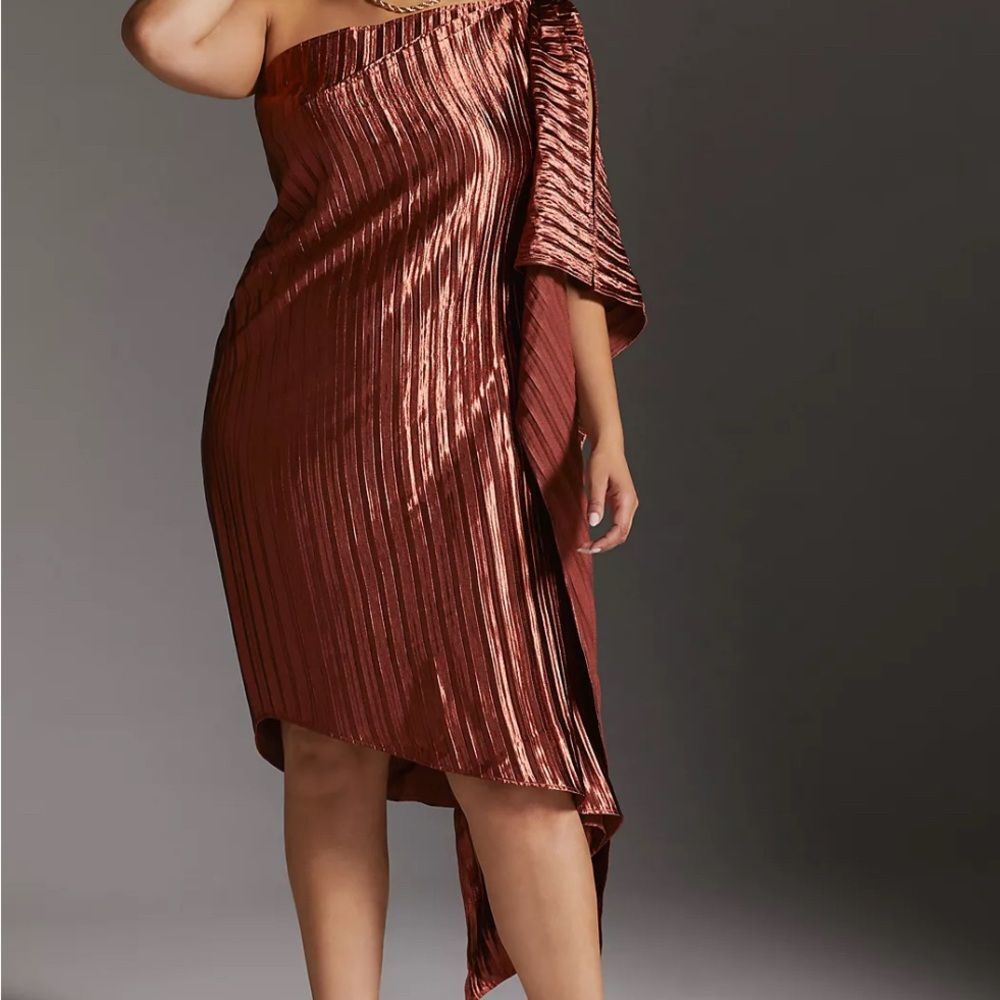Copper One Shoulder Dress Anthropologie Guapa Mini shimmer glamour party size 8 - Picture 6 of 10